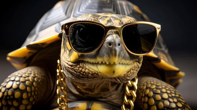 Humorous tortoise wearing gold chain and sunglasses against a blurred background in a close-up studio shot, showcasing wealth and style.
