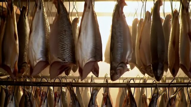 Rows of fish hang vertically from hooks, with a bright background light
