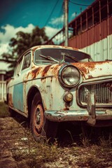 A weathered vintage car sits outdoors its paint faded and rusted highlighting its age and disuse