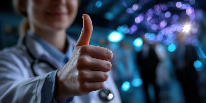 Healthcare professional giving a thumbs up in a modern medical facility during a conference on health innovation - Powered by Adobe