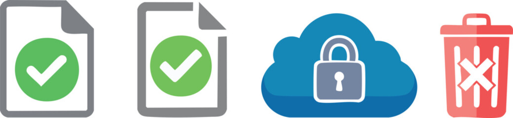 Vector Icon Set Featuring Completed Documents with Green Checkmarks, Secure Cloud Storage with Padlock, and a Red Trash Can with Delete Symbol on a Clean White Background

