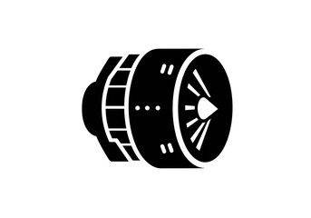 Illustration of a black and white jet engine with visible turbine blades and central cone shape