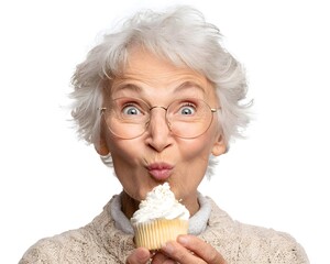 Joyful elderly woman playfully posing with a cupcake, showcasing delight against a white backdrop
