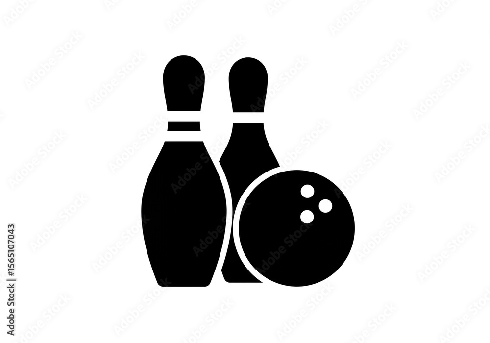 Poster black bowling ball with three holes and two bowling pins on a white background in a simple vector st