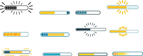 Vector Collection of Twelve Horizontal Loading Bar Designs in a Grid Layout Featuring Colorful Progress Indicators in Blue, Yellow, and Gray on a Clean White Background

