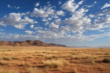 Fototapeta premium Arid grassland meets a distant mountain range under a blue sky filled with clouds