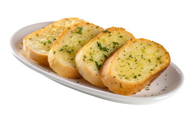 Close up of garlic bread slices arranged on a white plate against a white background studio shot
