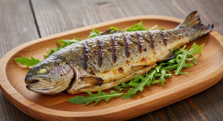 Whole fried fish with crispy skin on a wooden plate, served with fresh green arugula leaves. Healthy meal concept for dinner.