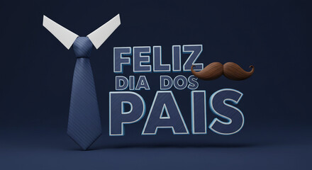 Ilustração 3D de Letreiro Feliz Dia dos Pais com Elementos de Gravata e Bigode Fundo Azul Escuro