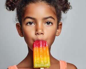 Young girl enjoying a colorful popsicle, showcasing delight against a neutral background