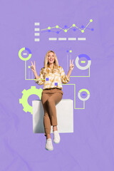 Vertical pop poster banner collage of happy businessman businesswoman stand megaphone graph diagram progress economy concept