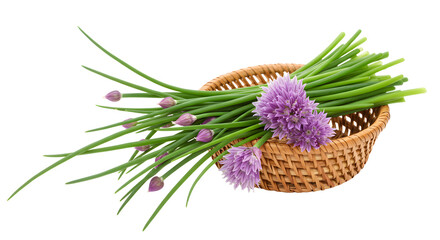 A woven basket filled with fresh chives and vibrant purple chive blossoms, set against a clean white background