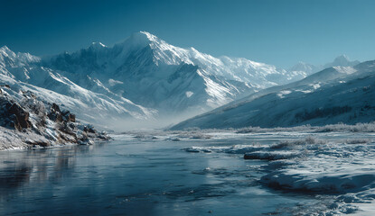 Snowy Mountain Range Over Frozen Water