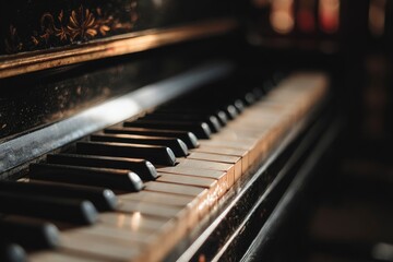 Closeup shot of an old piano keyboard with worn keys in a dimly lit aged environment