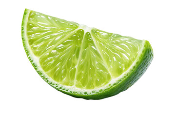 A single wedge of a vibrant green lime with juicy pulp isolated against a white background in detail