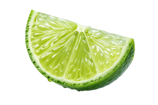 A single wedge of lime with a bright green color and visible juice vesicles on a white background plain
