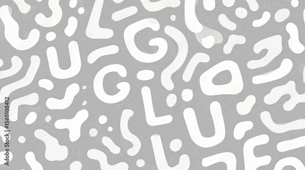 Poster white rounded shapes forming minimalist pattern on gray backdrop, creating sleek geometric abstract 