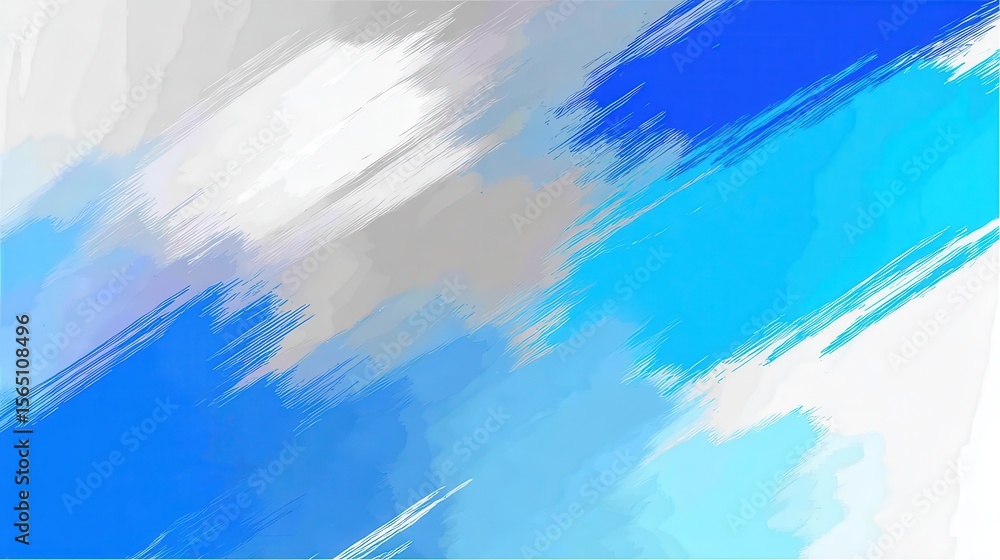 Poster diagonal blue and white brushstrokes blending across canvas, creating dynamic abstract painting with