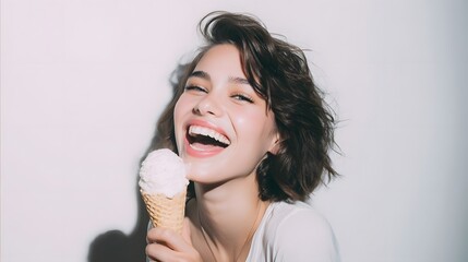 Young woman joyfully enjoying an ice cream cone, smiling brightly against a clean white background