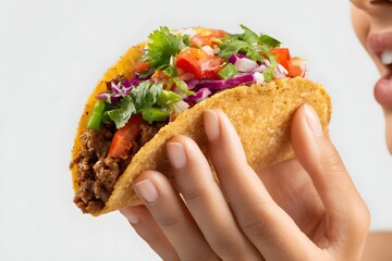 Close-up of a person holding a delicious taco filled with beef, fresh vegetables, and herbs
