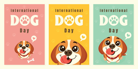 International Dog Day Poster Set with Cute Puppy and Colorful Backgrounds.