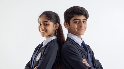 Two young students in matching navy school uniforms standing back-to-back with confident and cheerful expressions, representing academic friendship and teamwork in an educational setting.
