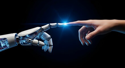 Human hand touching robotic hand with glowing light. AI and humanity connection concept, artificial intelligence future collaboration.