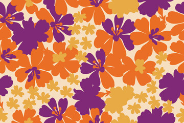 Colorful tropical floral pattern with bold orange, purple, and yellow hibiscus on beige background. Ideal for summer fabrics, decor, and digital prints.