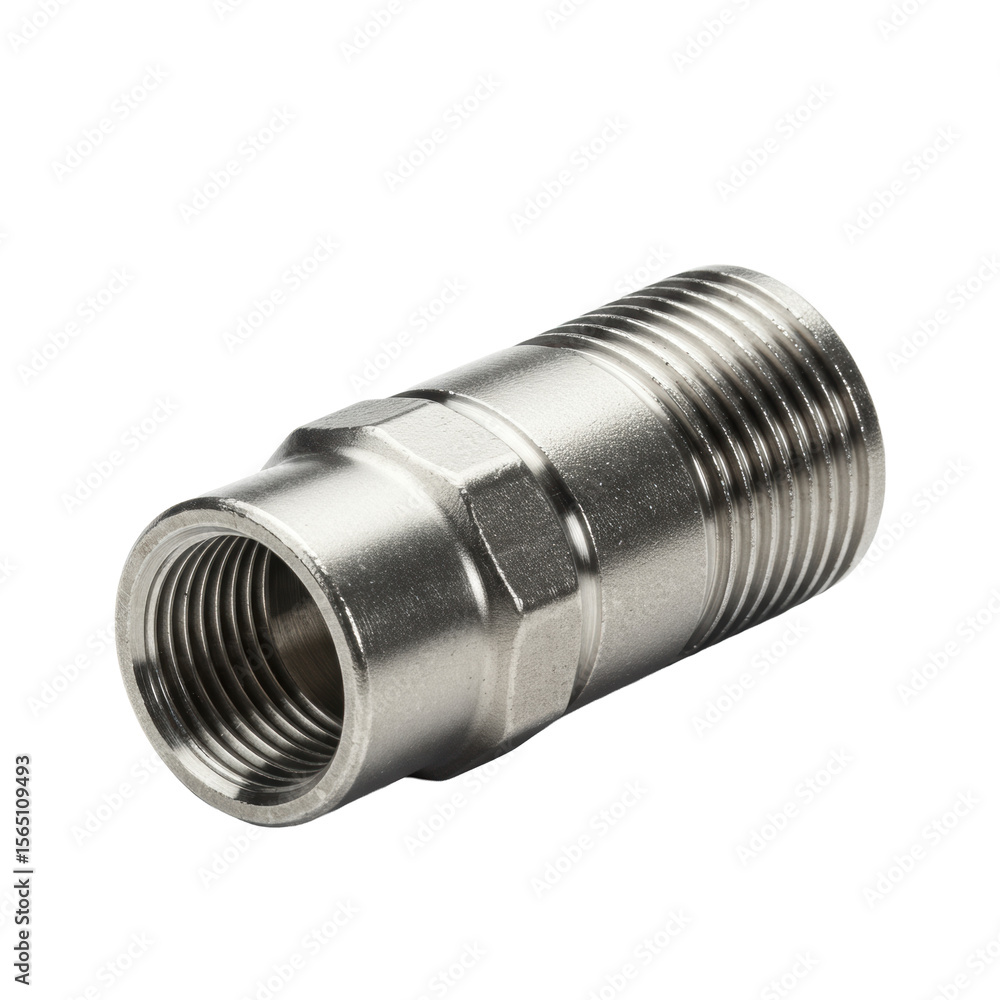 Poster a new, industrial-grade polished metal pipe nipple with external threading on both ends, perfectly i