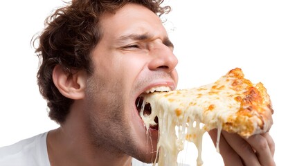 Young man enjoying a large slice of cheesy pizza, with a joyful expression against a white background