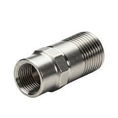 A new, industrial-grade polished metal pipe nipple with external threading on both ends, perfectly isolated against a transparent seamless studio background with no cast shadows, shot in sharp focus.