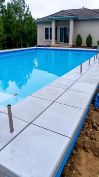 Swimming pool construction with bright blue water and concrete coping under an overcast sky in a residential backyard.