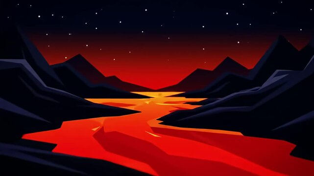 Stylized, low-poly landscape with flowing red river, mountains, stars, and a dark sky