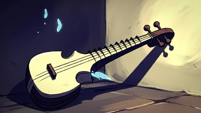 Cartoonish stringed instrument, lying on floor, angled against dimly lit walls