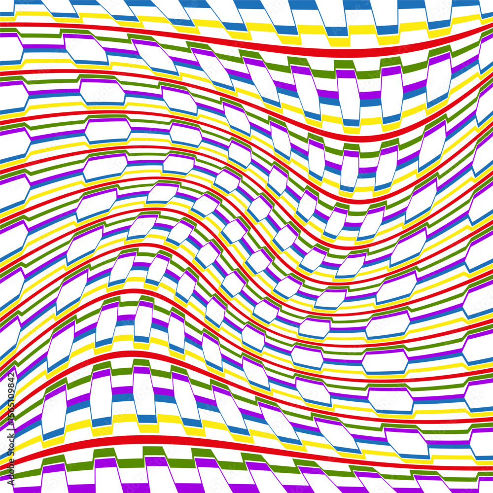 Poster wavy stripe pattern. rainbow warp vector. optical ripple illusion. dynamic flow art.