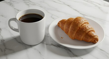 Coffee and croissant on marble table