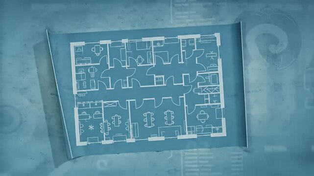 Architectural blueprint showing a floor plan of residential units on blue background