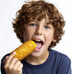 Young boy joyfully eating a crispy corn dog with a playful expression, set against a plain background