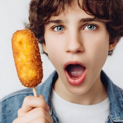 Excited young boy holding a golden corndog, expressing joy against a neutral background