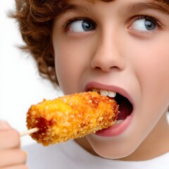 Young boy enjoying a crispy snack on a stick, with a playful expression against a white background