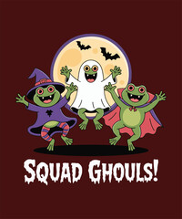 Squad Ghouls Halloween Cartoon Illustration. Funny Frog Style Design Vector.