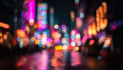 Blurred vibrant night city lights reflecting on wet pavement