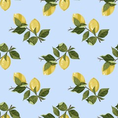 Seamless pattern colorful illustration of lemon branches with fresh yellow lemons and green leaves. A  blue background, vibrant botanical composition perfect for kitchen prints