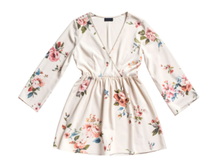 Floral pattern dress with long sleeves and a cinched waist. Transparent background