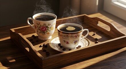 Coffee cups on wooden tray