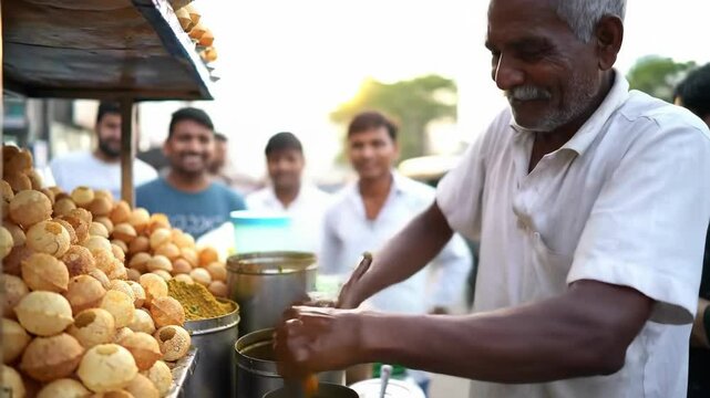 Street vendor preparing delicious pani puri with smiling onlookers in vibrant market scene