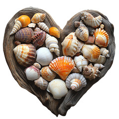 Lovely heart shape made from various beautiful seashells arranged on driftwood, showcasing nature's artistry.