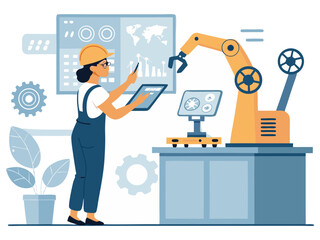 Cartoon illustration of a man or woman working on a laptop in an office or construction setting