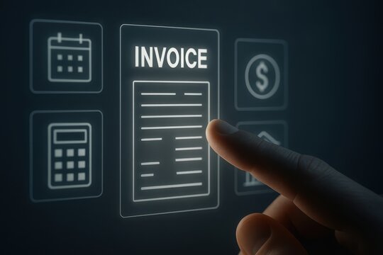 Glowing invoice document with surrounding icons digital - Powered by Adobe