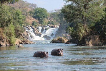 Fototapeta premium Two hippos in water before falls Lush foliage borders the rocky landscape